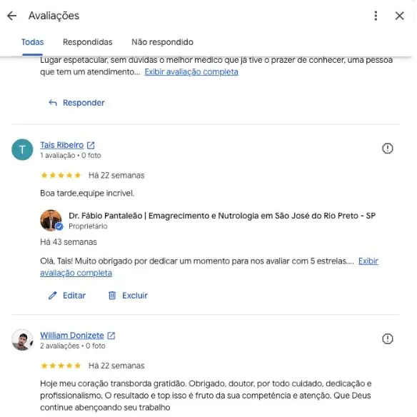 Avaliação de paciente publicada no Google